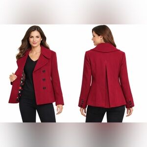 Platinum Burgundy Double Breasted Peacoat Jacket Polka Dot Lining Size L